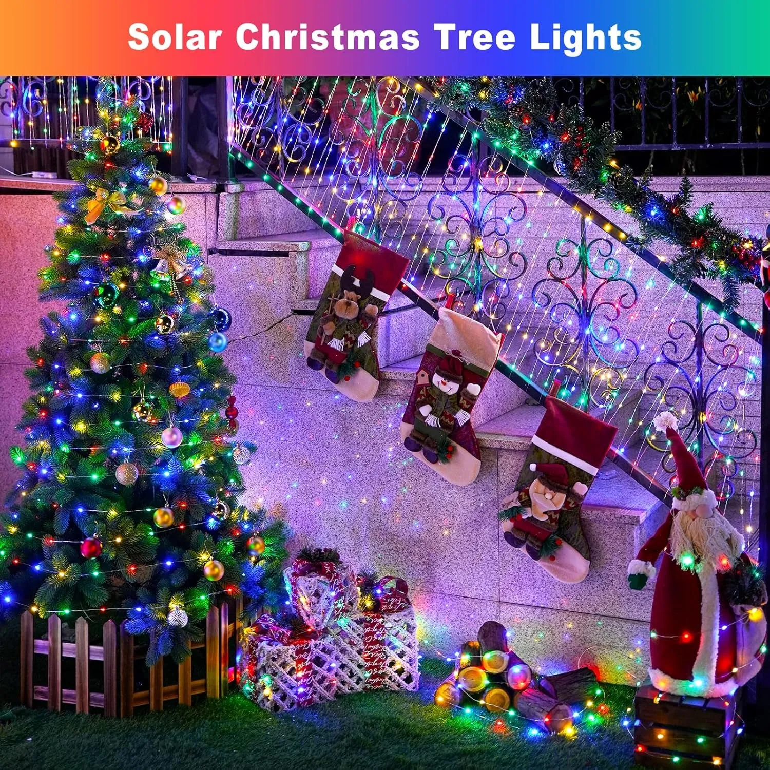 2 Pack Solar Christmas Lights, Total 400 LED Solar Christmas Tree Lights Outdoor Waterproof, 8 Modes Multicolor Solar Fairy Lights for Tree Patio Party