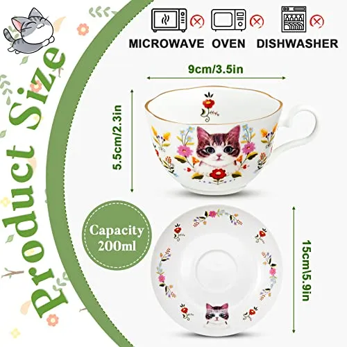 2 Sets 10 Oz Ceramic Teacup and Saucer Set Cat and Flower Coffee Mug with Handle White Floral Cat Tea Cup Cute Tea Party Gift Set for Espresso Coffee Tea Milk