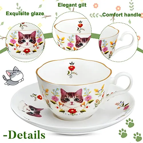 2 Sets 10 Oz Ceramic Teacup and Saucer Set Cat and Flower Coffee Mug with Handle White Floral Cat Tea Cup Cute Tea Party Gift Set for Espresso Coffee Tea Milk