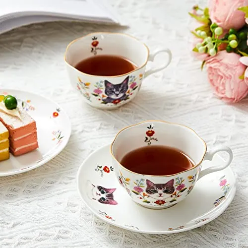 2 Sets 10 Oz Ceramic Teacup and Saucer Set Cat and Flower Coffee Mug with Handle White Floral Cat Tea Cup Cute Tea Party Gift Set for Espresso Coffee Tea Milk
