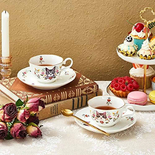 2 Sets 10 Oz Ceramic Teacup and Saucer Set Cat and Flower Coffee Mug with Handle White Floral Cat Tea Cup Cute Tea Party Gift Set for Espresso Coffee Tea Milk