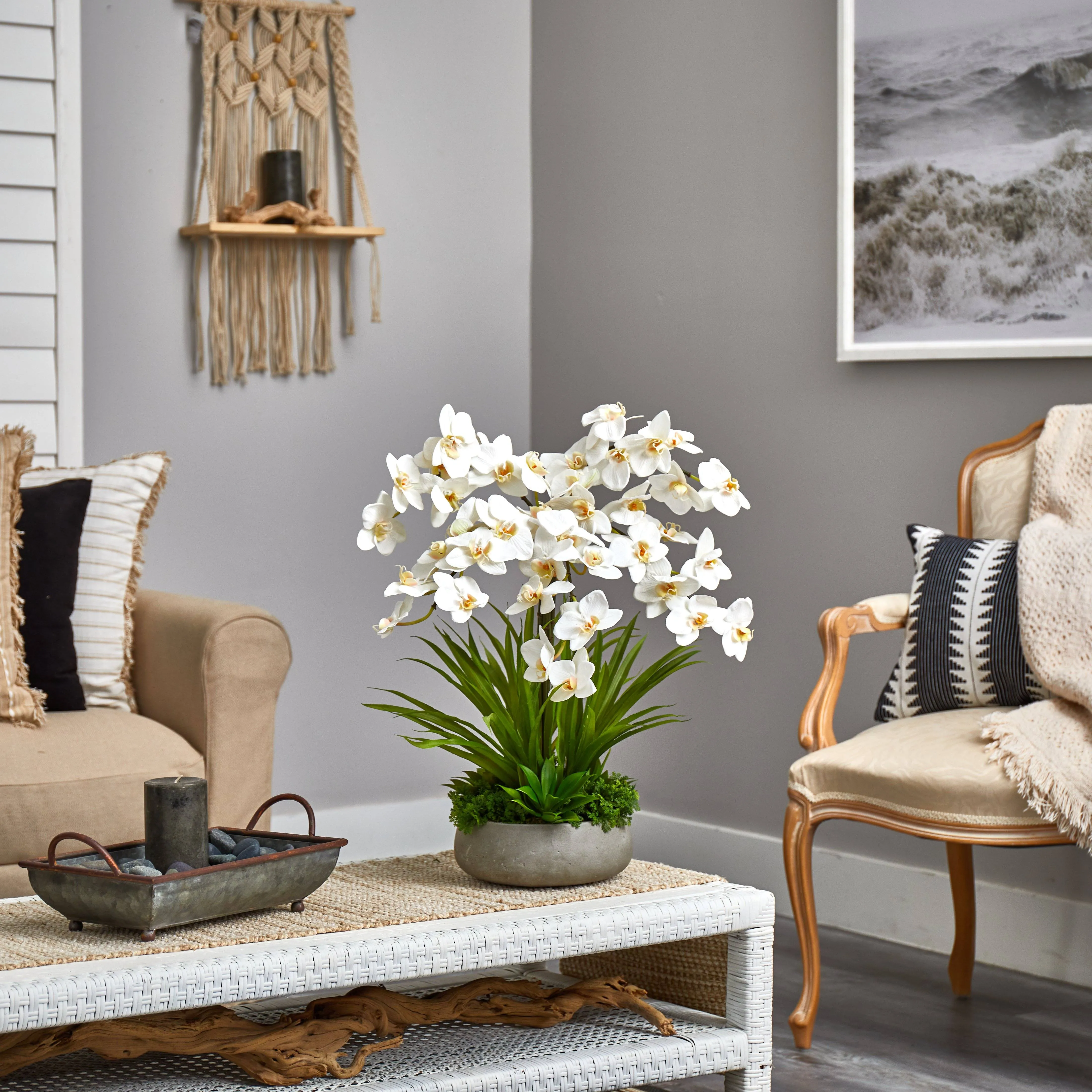 24” Phalaenopsis Orchid and Agave Artificial Arrangement in Gray Vase