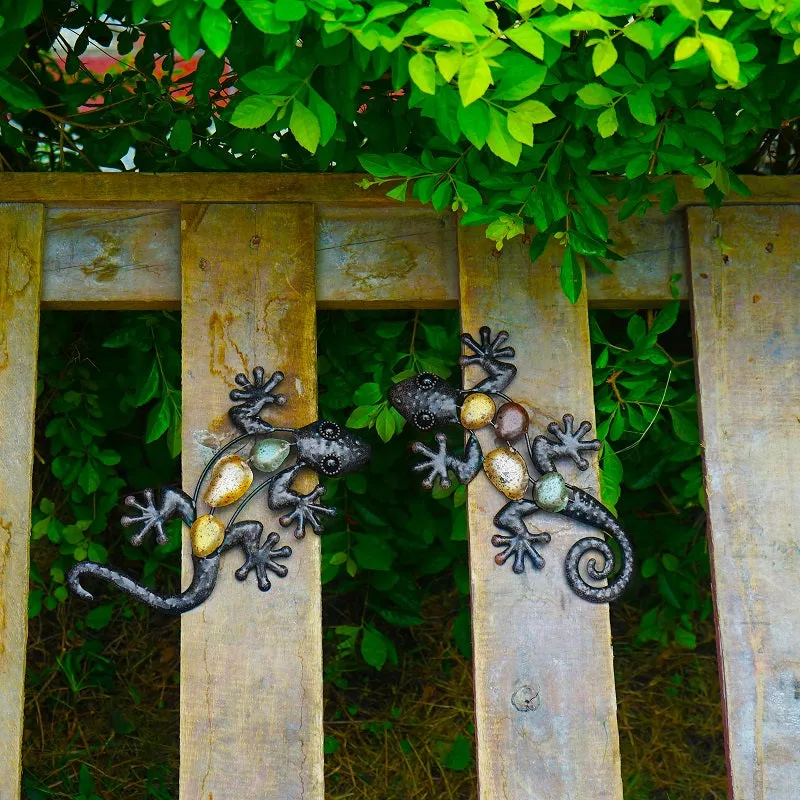 2Pcs Small Metal Gecko Wall Artwork For Home And Garden Decoration Outdoor Statues Accessories Sculp