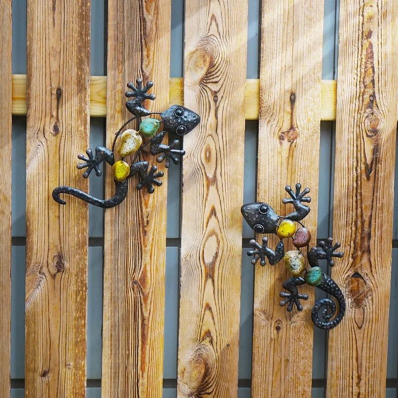 2Pcs Small Metal Gecko Wall Artwork For Home And Garden Decoration Outdoor Statues Accessories Sculp