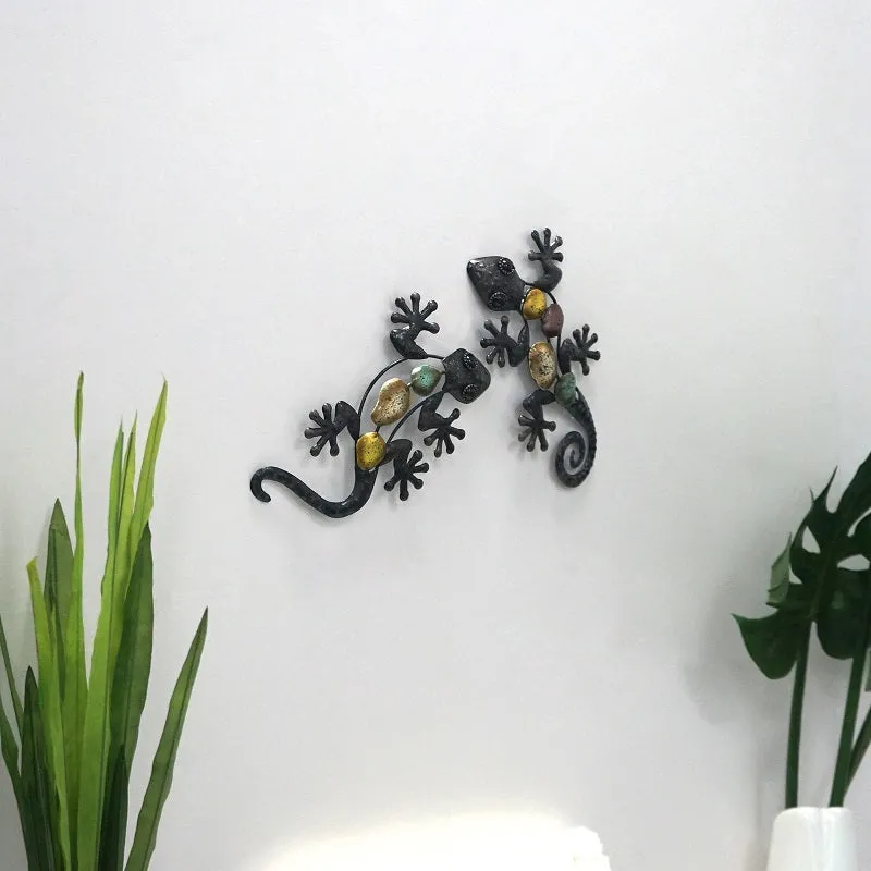 2Pcs Small Metal Gecko Wall Artwork For Home And Garden Decoration Outdoor Statues Accessories Sculp