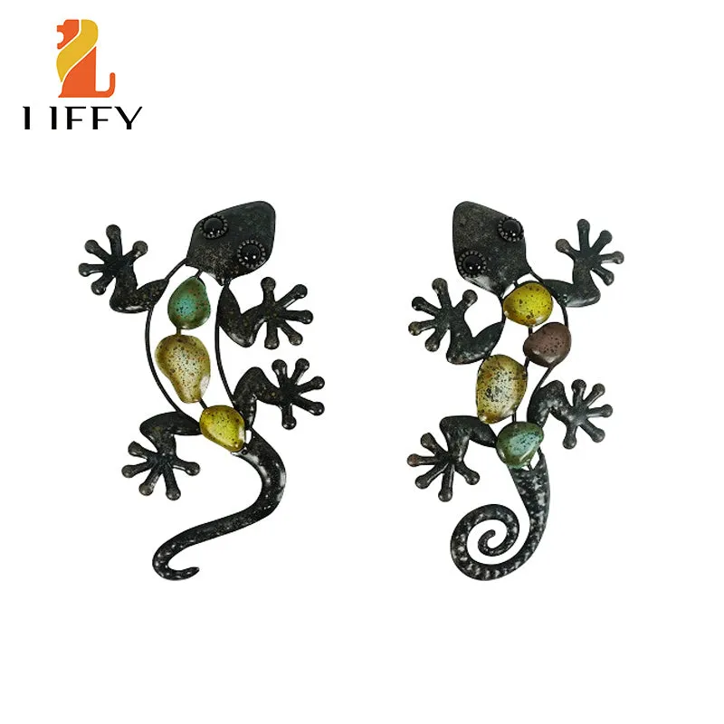 2Pcs Small Metal Gecko Wall Artwork For Home And Garden Decoration Outdoor Statues Accessories Sculp