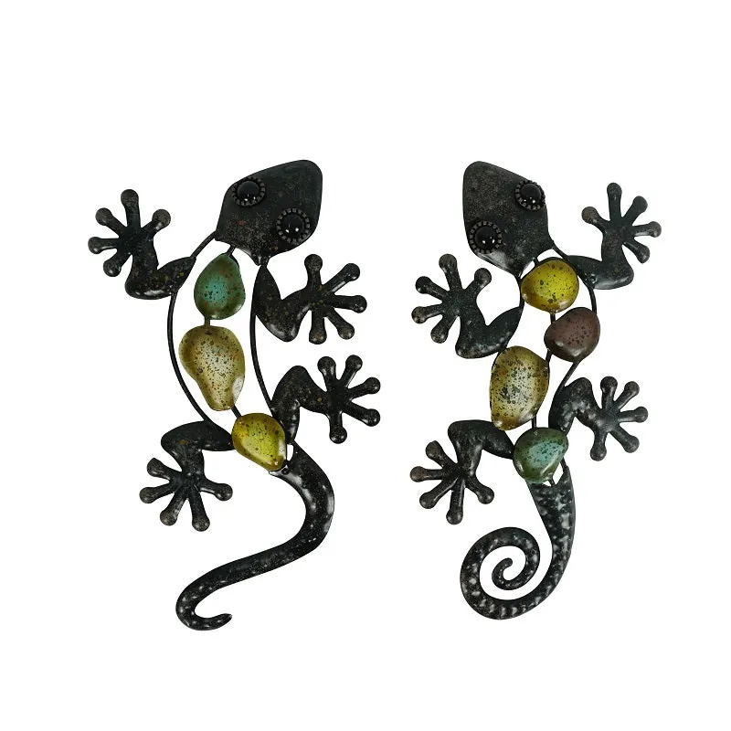 2Pcs Small Metal Gecko Wall Artwork For Home And Garden Decoration Outdoor Statues Accessories Sculp