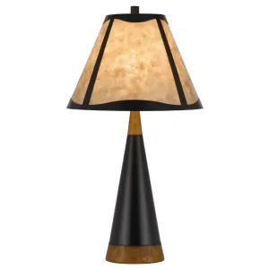30 Inch 3 Way Table Lamp, Beige Mica Shade, Rubberwood and Black Metal Body By Casagear Home
