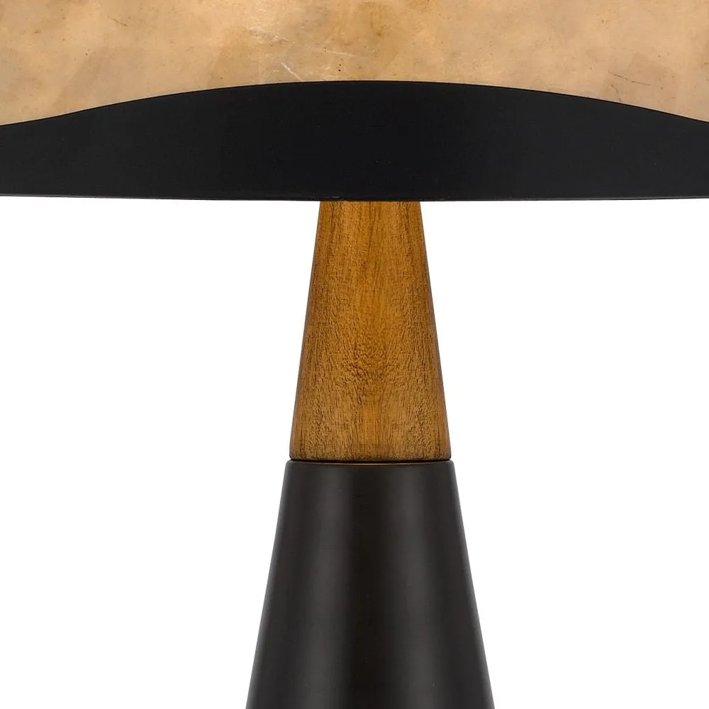 30 Inch 3 Way Table Lamp, Beige Mica Shade, Rubberwood and Black Metal Body By Casagear Home