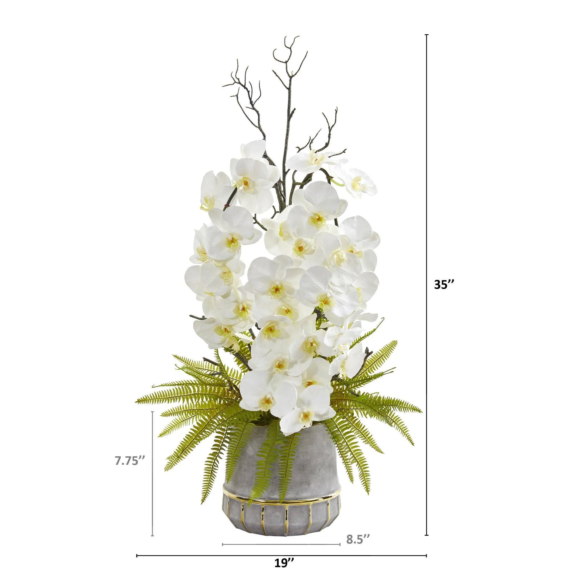 35” Phalaenopsis Orchid and Fern Artificial Arrangement in Stoneware Vase with Gold Trimming
