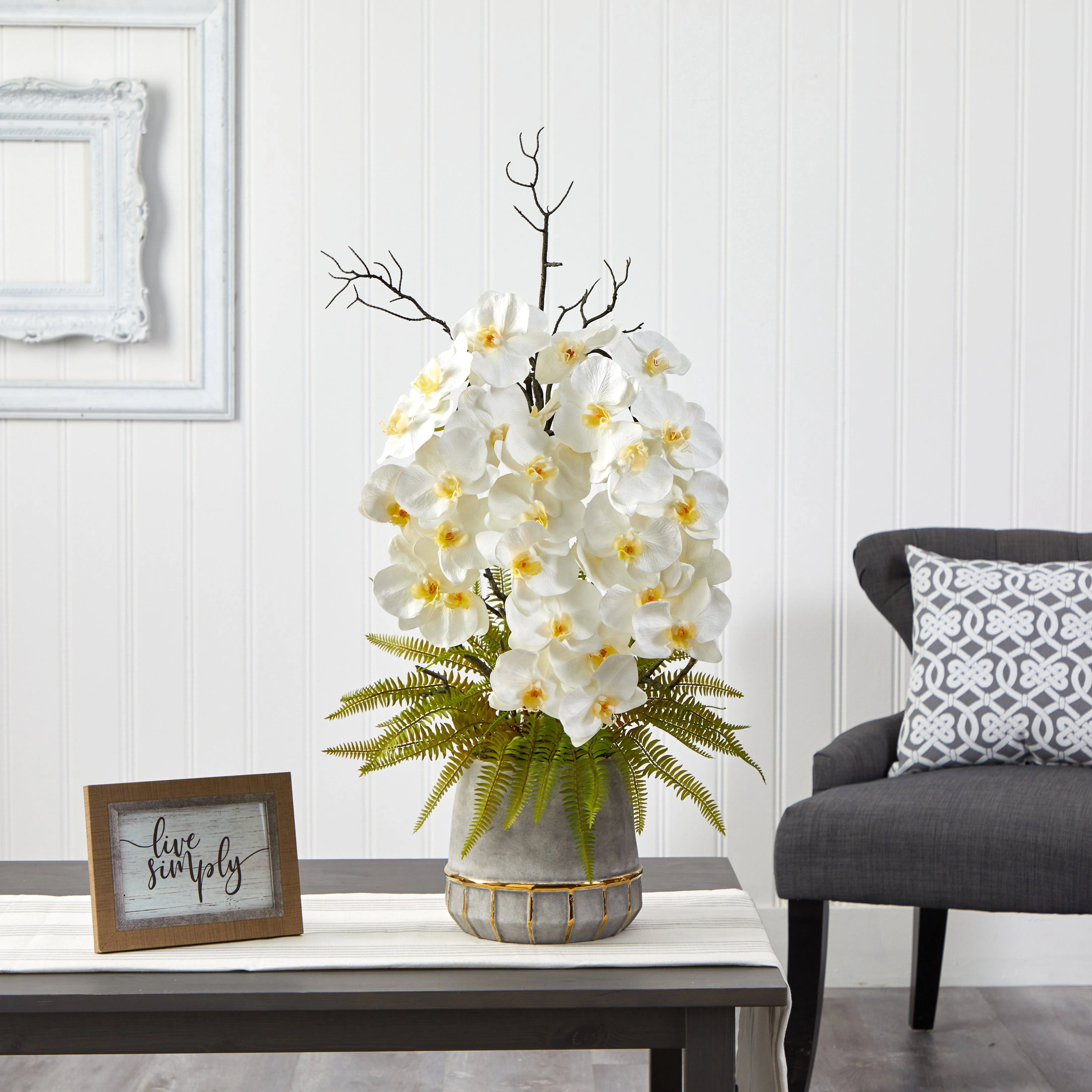 35” Phalaenopsis Orchid and Fern Artificial Arrangement in Stoneware Vase with Gold Trimming
