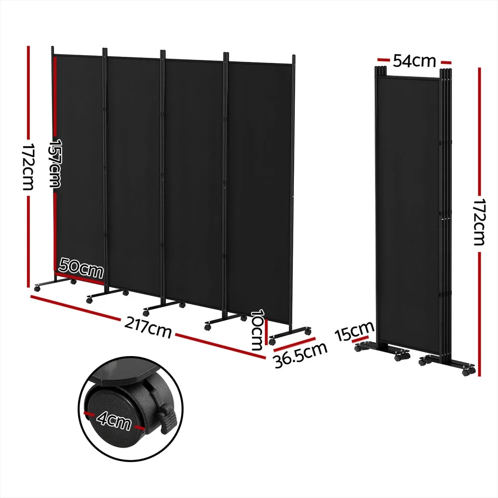 4 Panel Room Divider Screen 217cm Wheel Fabric - Black