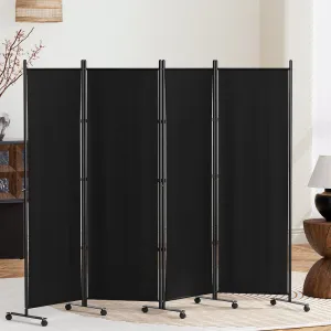 4 Panel Room Divider Screen 217cm Wheel Fabric - Black