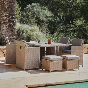 8 Seater Rattan Cube Outdoor Dining Set -  Natural Brown Weave Polywood Top