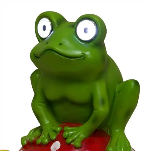 Alpine Corporation ZEN390SLR-S Frog on Mushroom Statue with LED Lights, Solar-Powered LED Frog Garden Statue, 12" H, Green