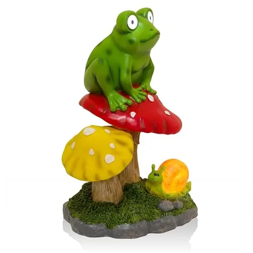 Alpine Corporation ZEN390SLR-S Frog on Mushroom Statue with LED Lights, Solar-Powered LED Frog Garden Statue, 12" H, Green