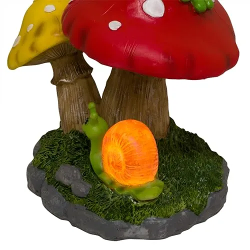 Alpine Corporation ZEN390SLR-S Frog on Mushroom Statue with LED Lights, Solar-Powered LED Frog Garden Statue, 12" H, Green