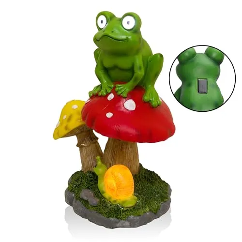 Alpine Corporation ZEN390SLR-S Frog on Mushroom Statue with LED Lights, Solar-Powered LED Frog Garden Statue, 12" H, Green