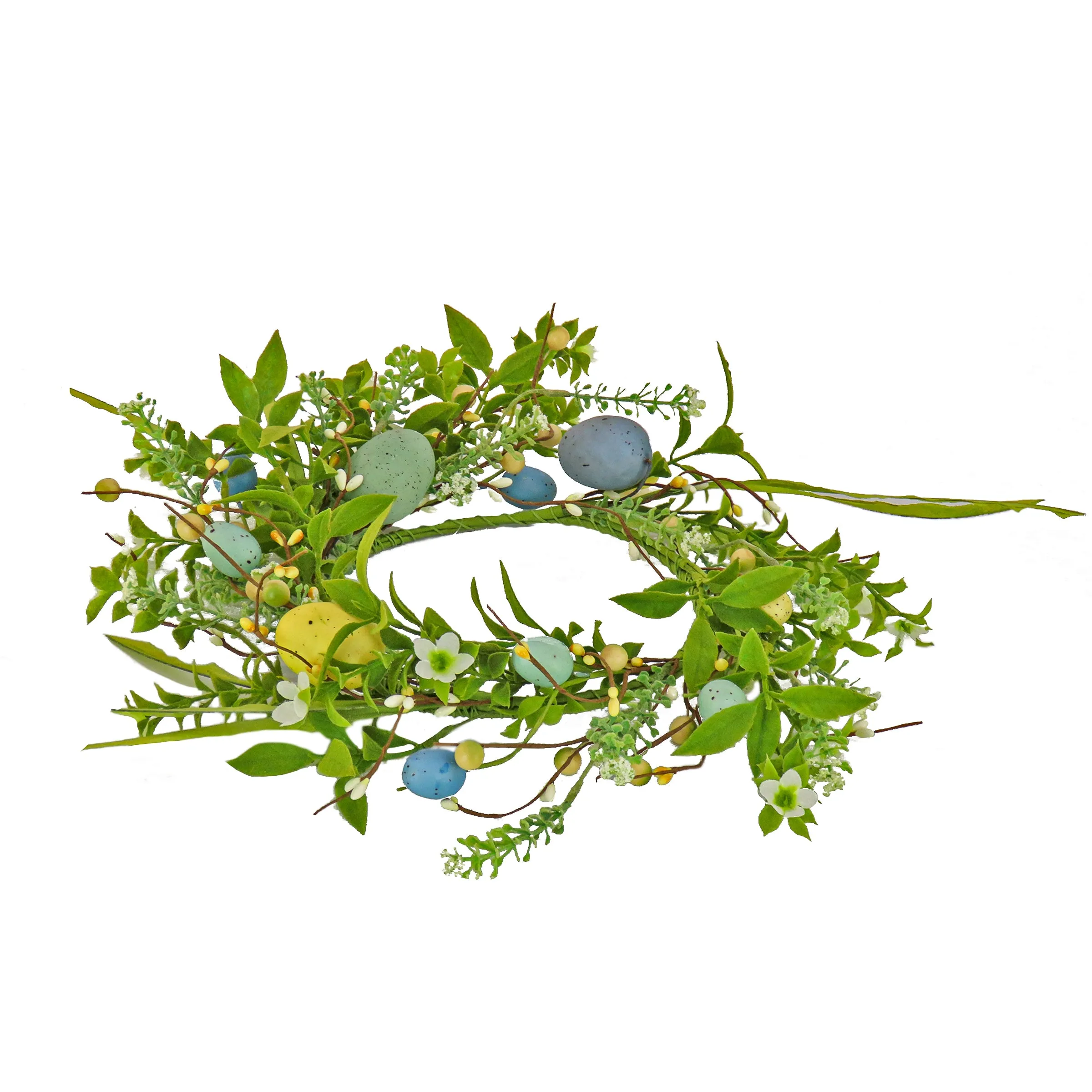 Artificial Candle Ring, Vine Stem Base, Decorated with Pastel Eggs, Leafy Greens, Berries, Spring Collection, 6 Inches