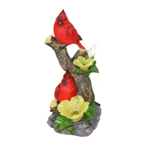 Cardinals with Solar Flowers on a Branch Hand Painted Garden Statue, 12 Inch