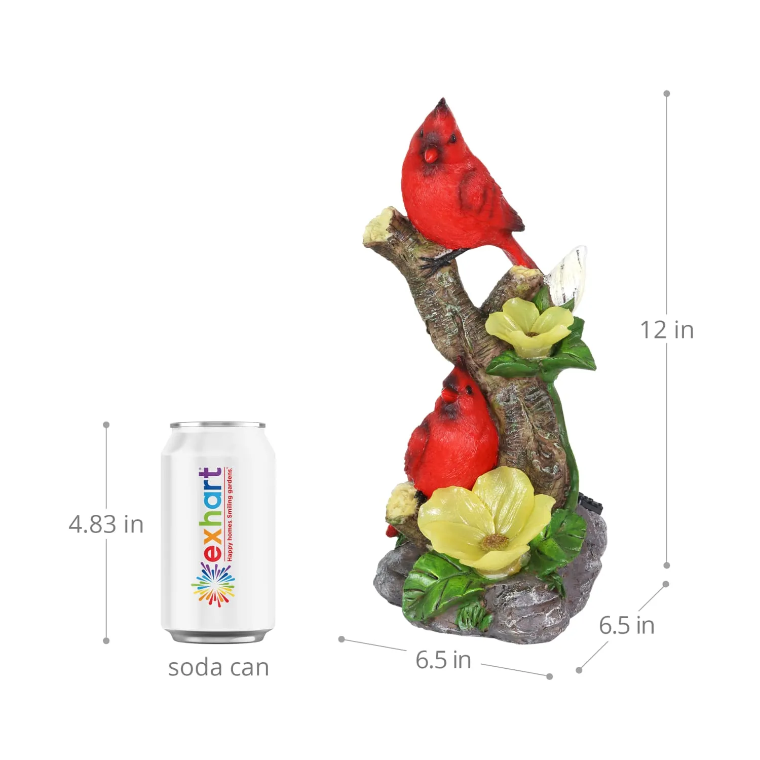 Cardinals with Solar Flowers on a Branch Hand Painted Garden Statue, 12 Inch