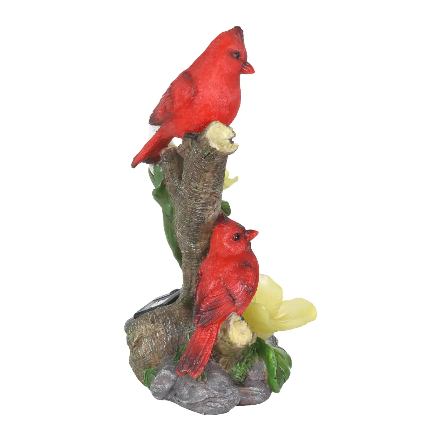 Cardinals with Solar Flowers on a Branch Hand Painted Garden Statue, 12 Inch