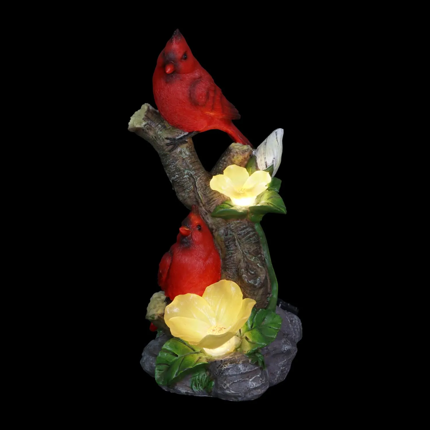 Cardinals with Solar Flowers on a Branch Hand Painted Garden Statue, 12 Inch