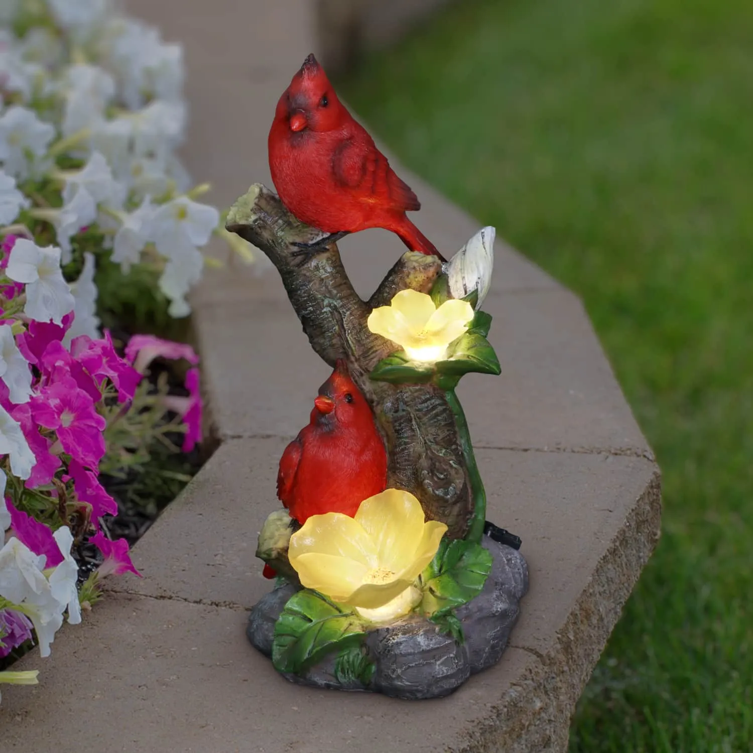 Cardinals with Solar Flowers on a Branch Hand Painted Garden Statue, 12 Inch