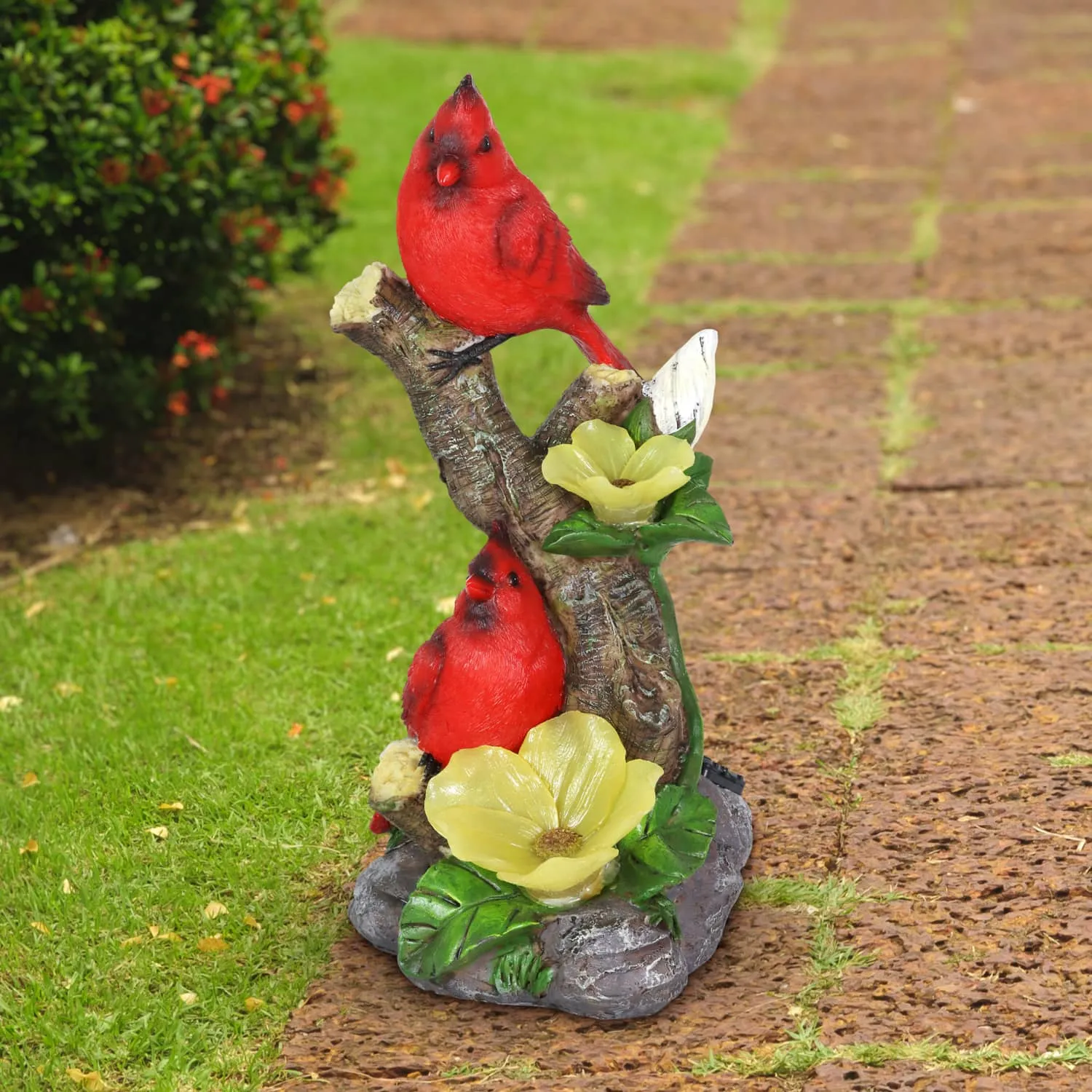 Cardinals with Solar Flowers on a Branch Hand Painted Garden Statue, 12 Inch