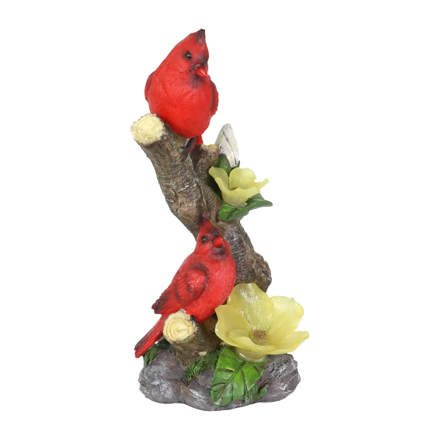 Cardinals with Solar Flowers on a Branch Hand Painted Garden Statue, 12 Inch
