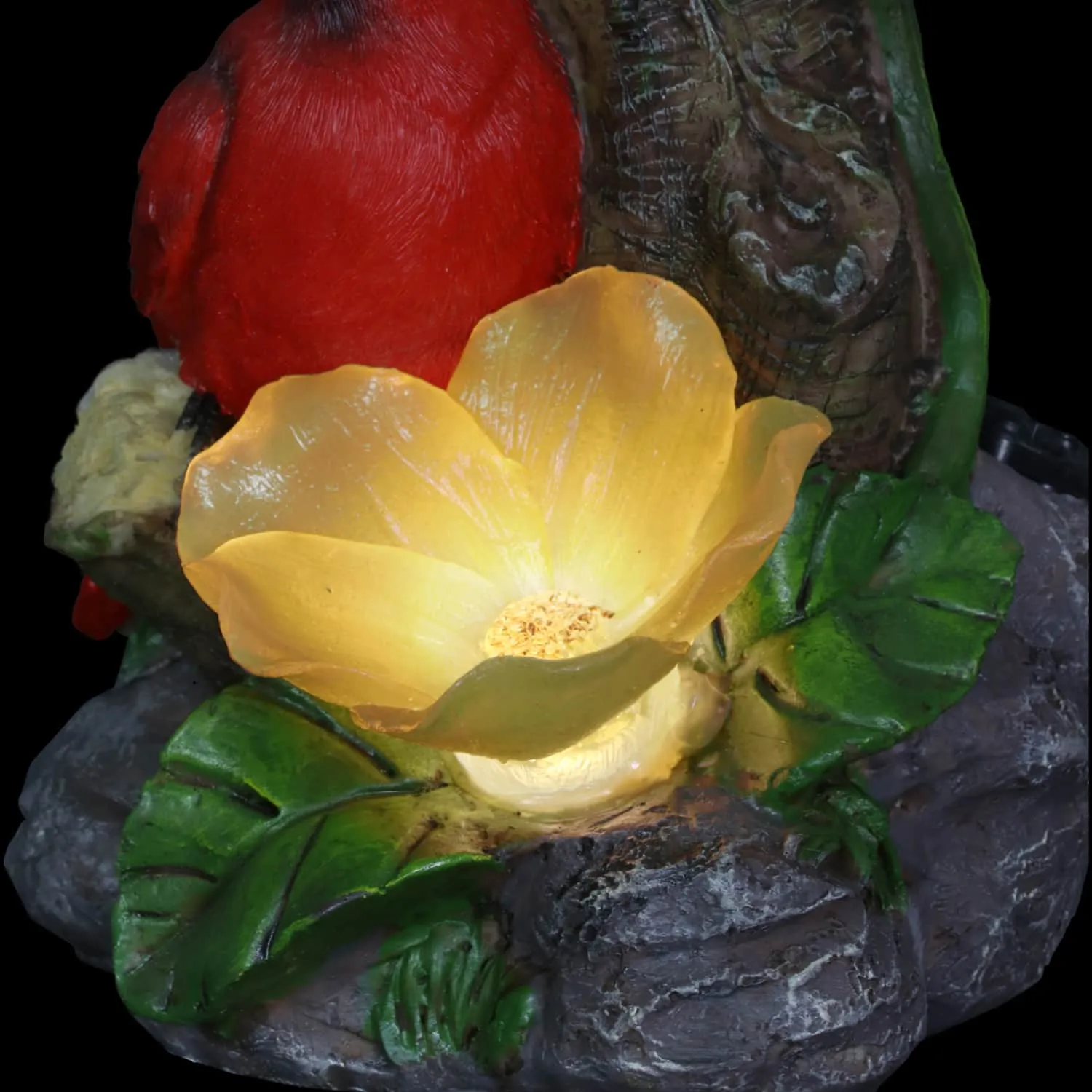 Cardinals with Solar Flowers on a Branch Hand Painted Garden Statue, 12 Inch