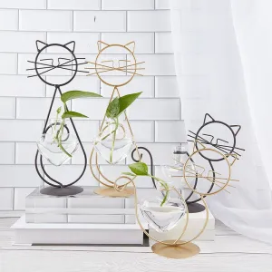 Cat Hydroponic Flower Metal Vases