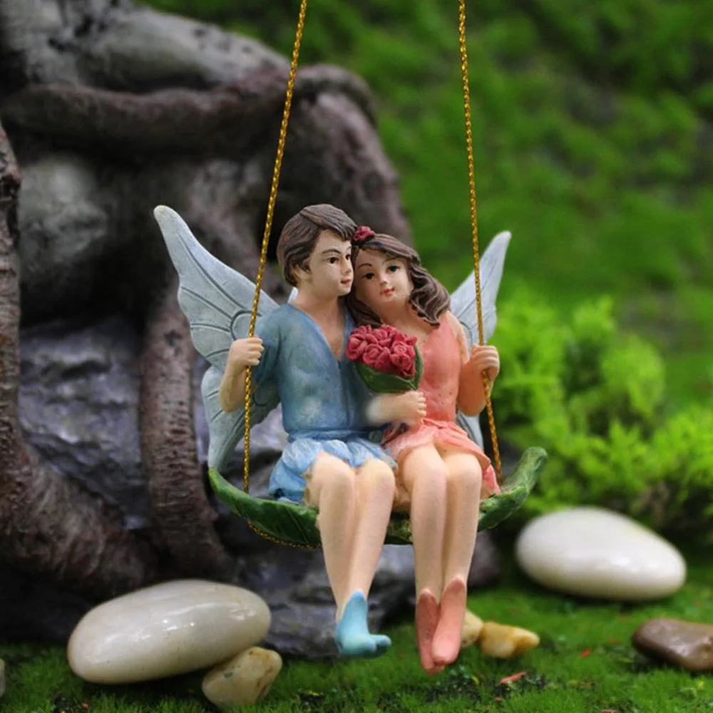 Charming Lovebirds on a Swing Figurines for Enchanting Fairy Gardens
