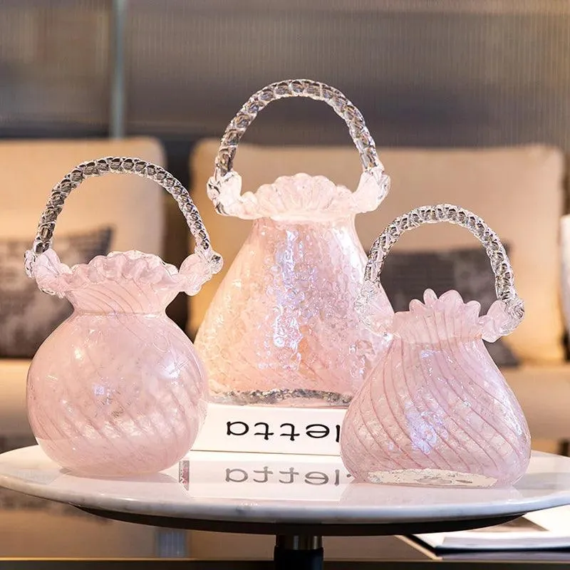 Charming Pink Glass Handbag Vase with Playful Curvy Handle