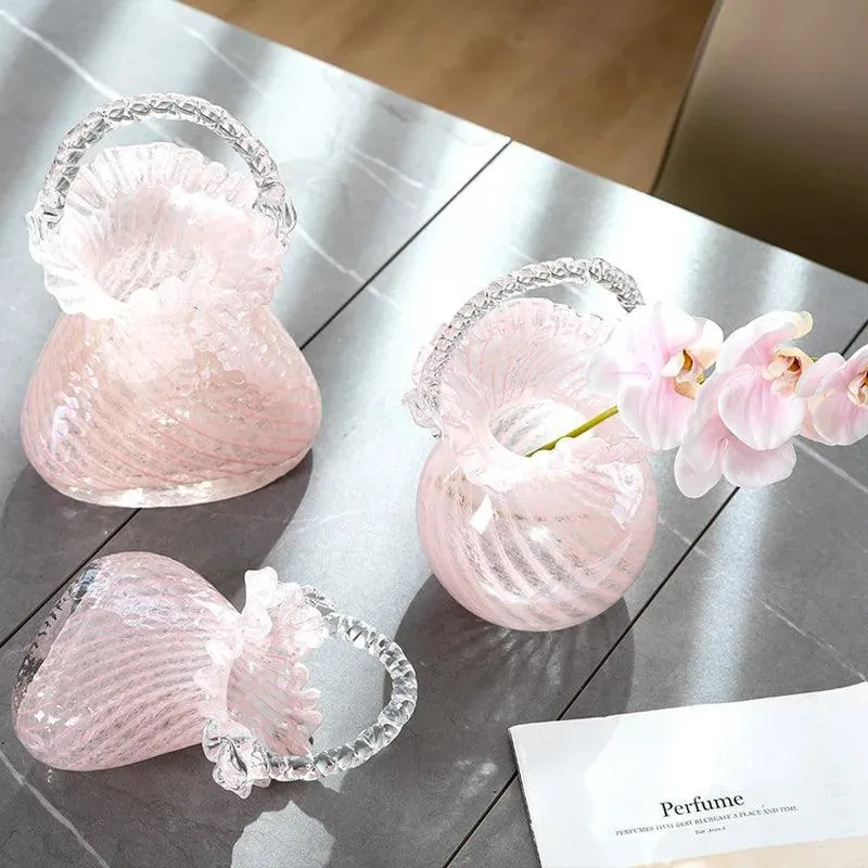 Charming Pink Glass Handbag Vase with Playful Curvy Handle