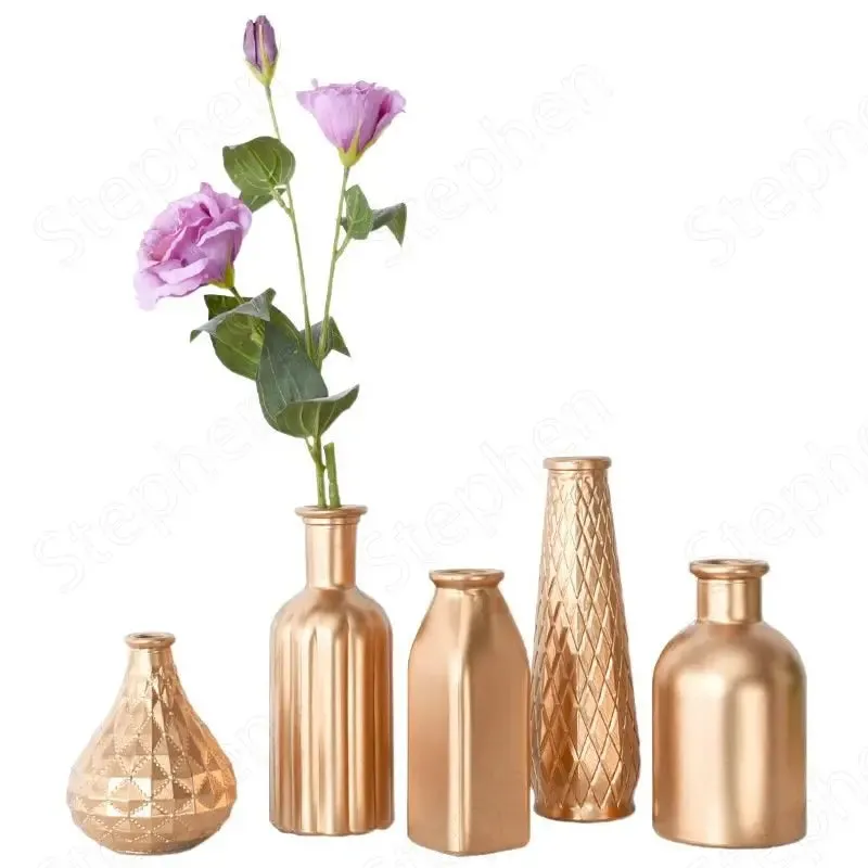 Embossed Golden Glass Vase European Classic Hydroponic Vases Gold-plating Process Medium Flower Pots Decorative Ornaments