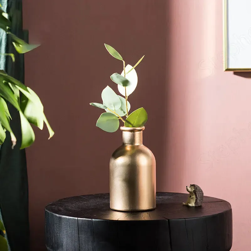 Embossed Golden Glass Vase European Classic Hydroponic Vases Gold-plating Process Medium Flower Pots Decorative Ornaments