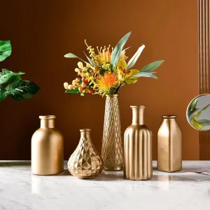 Embossed Golden Glass Vase European Classic Hydroponic Vases Gold-plating Process Medium Flower Pots Decorative Ornaments
