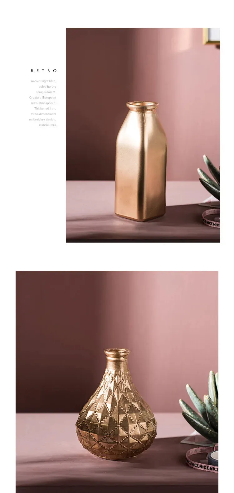 Embossed Golden Glass Vase European Classic Hydroponic Vases Gold-plating Process Medium Flower Pots Decorative Ornaments