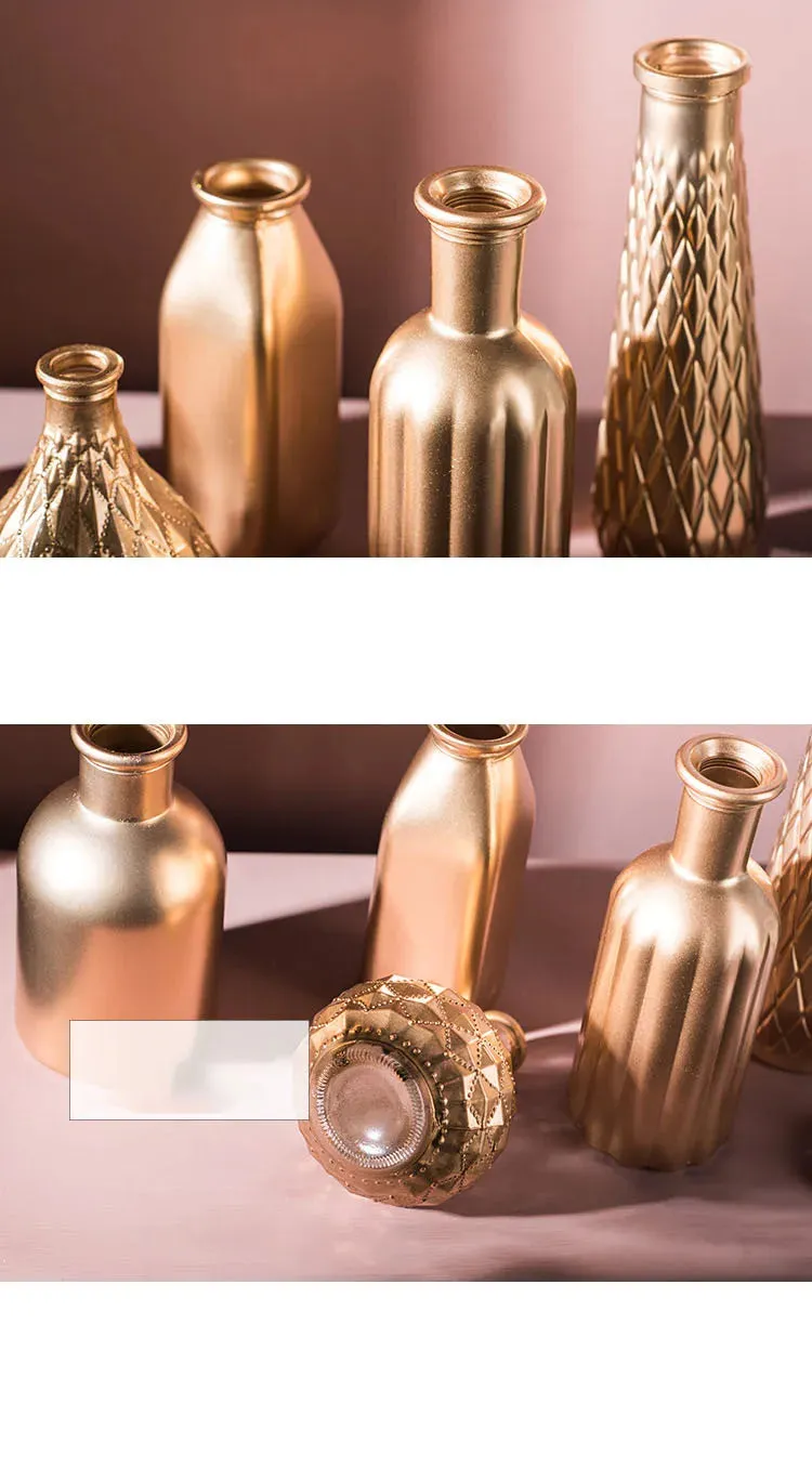 Embossed Golden Glass Vase European Classic Hydroponic Vases Gold-plating Process Medium Flower Pots Decorative Ornaments