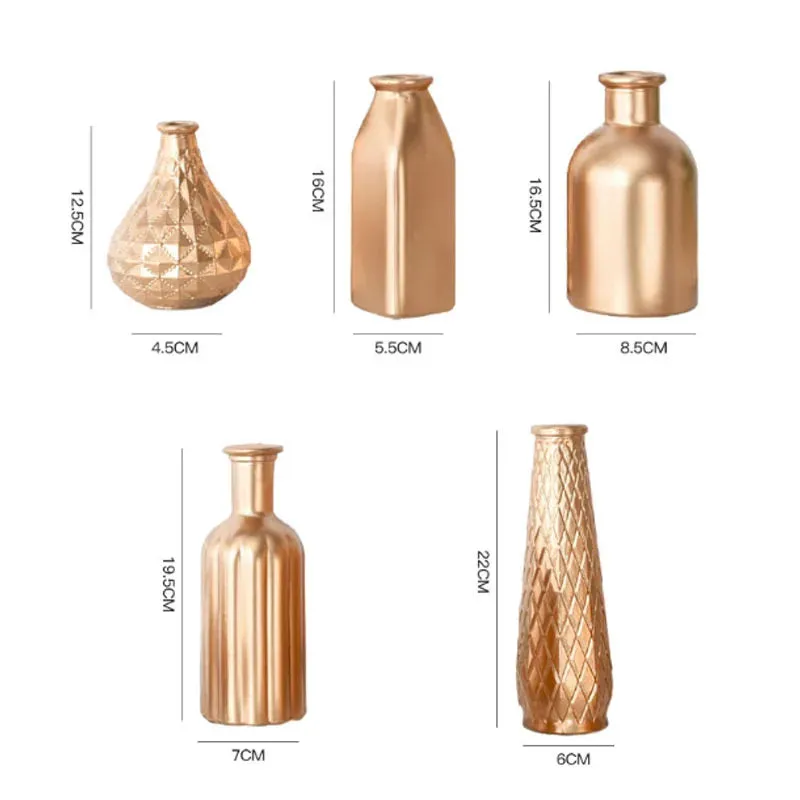 Embossed Golden Glass Vase European Classic Hydroponic Vases Gold-plating Process Medium Flower Pots Decorative Ornaments