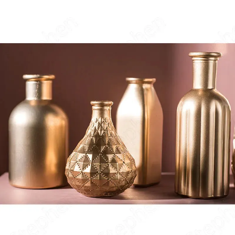 Embossed Golden Glass Vase European Classic Hydroponic Vases Gold-plating Process Medium Flower Pots Decorative Ornaments