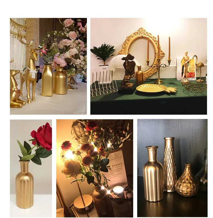 Embossed Golden Glass Vase European Classic Hydroponic Vases Gold-plating Process Medium Flower Pots Decorative Ornaments