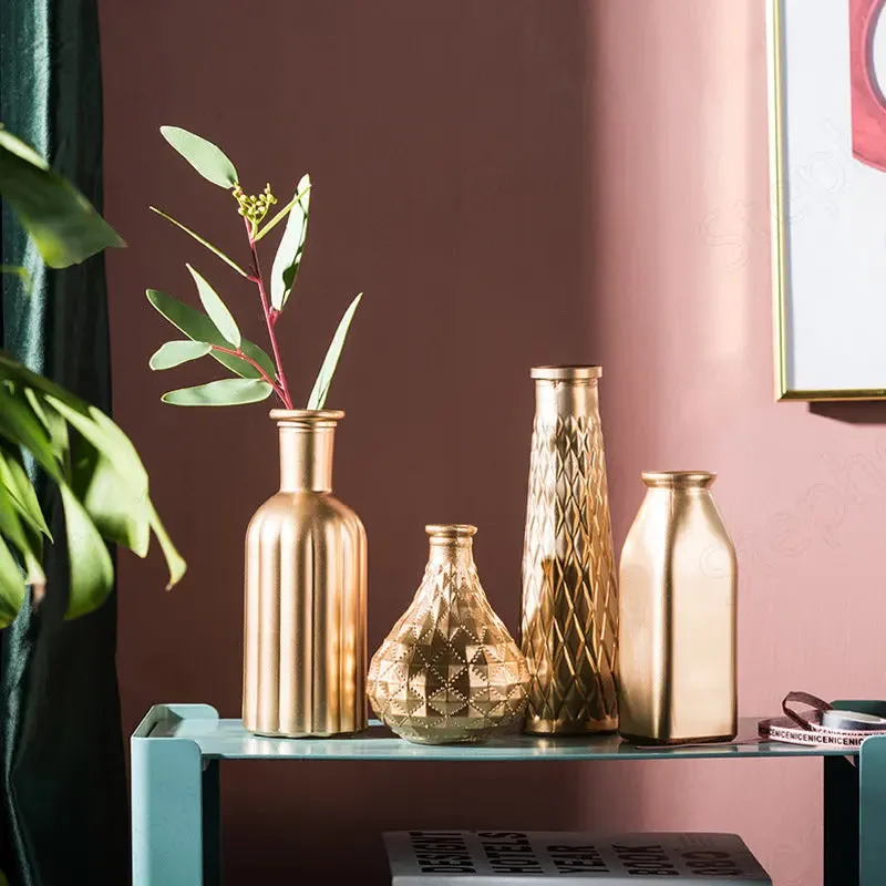 Embossed Golden Glass Vase European Classic Hydroponic Vases Gold-plating Process Medium Flower Pots Decorative Ornaments