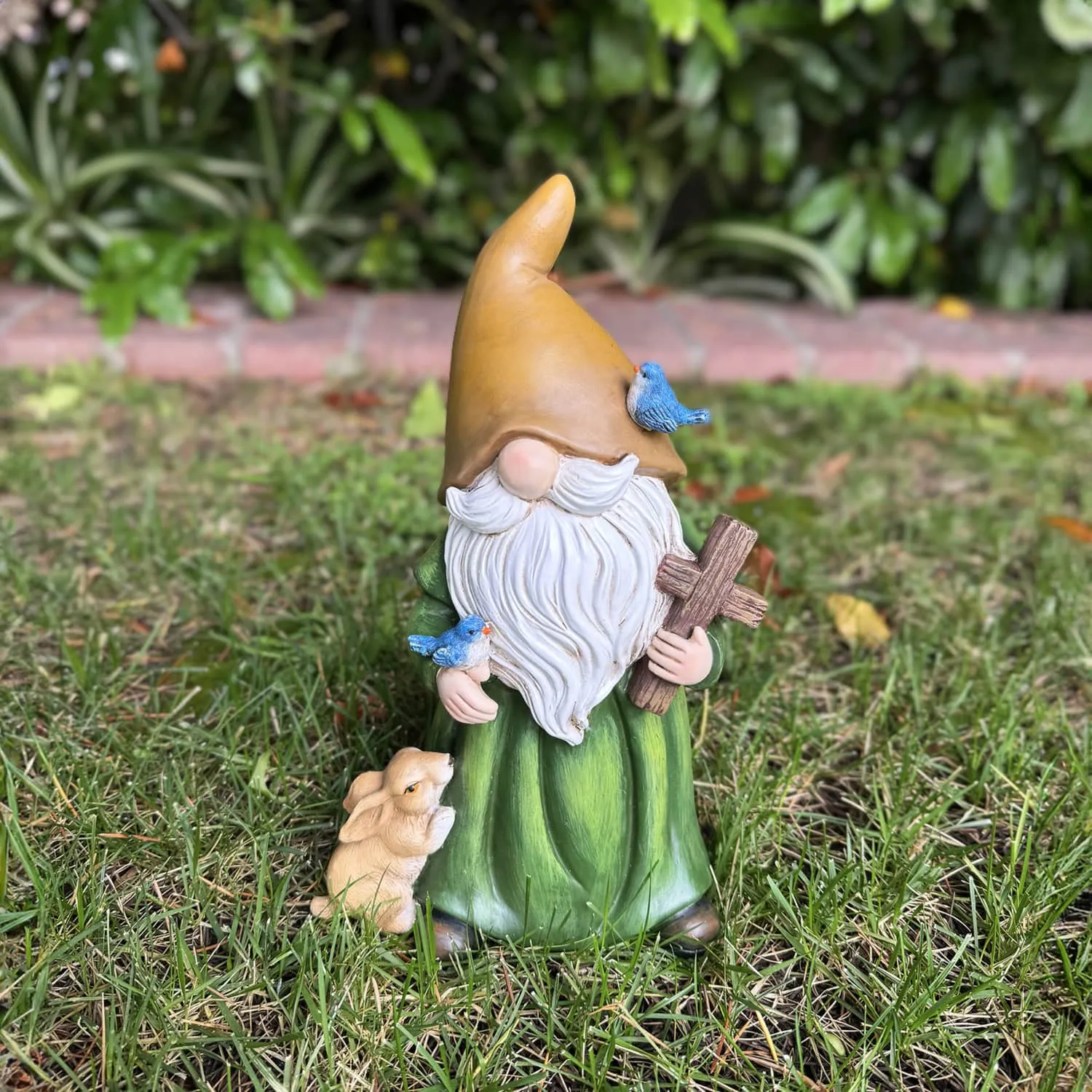 Garden Gnome Monk Statue with Cross and Woodland Creatures, 6 x 5 x 10.5 Inches