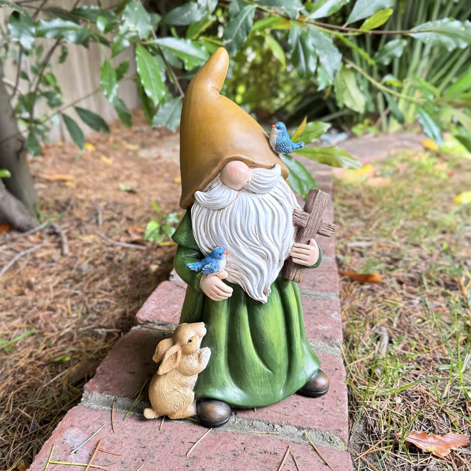 Garden Gnome Monk Statue with Cross and Woodland Creatures, 6 x 5 x 10.5 Inches