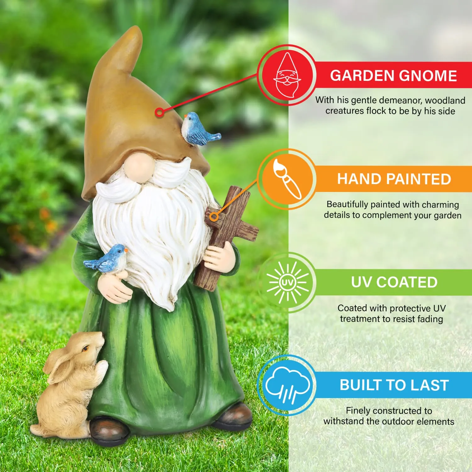 Garden Gnome Monk Statue with Cross and Woodland Creatures, 6 x 5 x 10.5 Inches