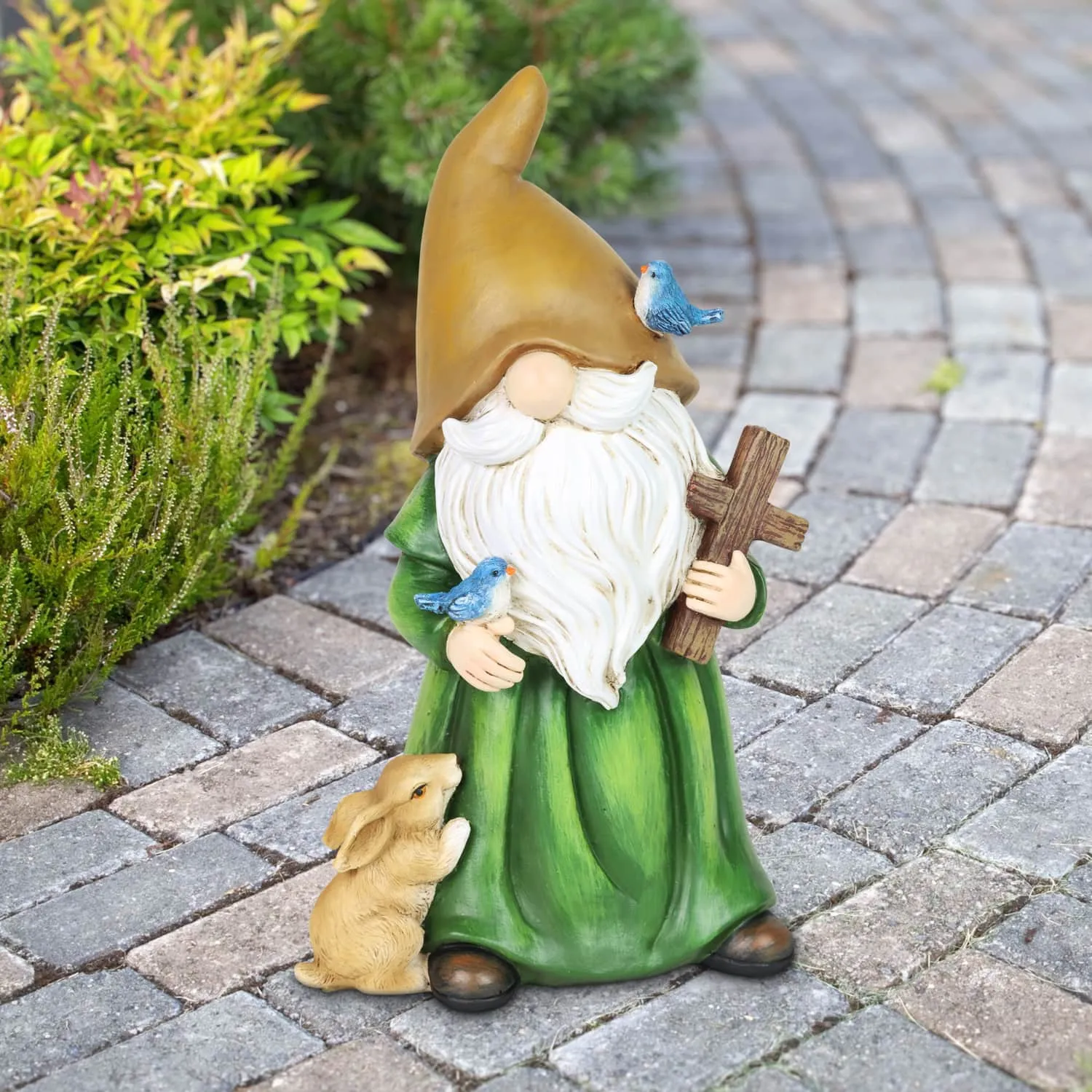 Garden Gnome Monk Statue with Cross and Woodland Creatures, 6 x 5 x 10.5 Inches