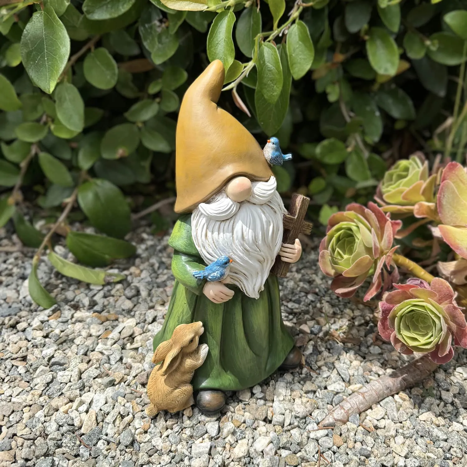 Garden Gnome Monk Statue with Cross and Woodland Creatures, 6 x 5 x 10.5 Inches
