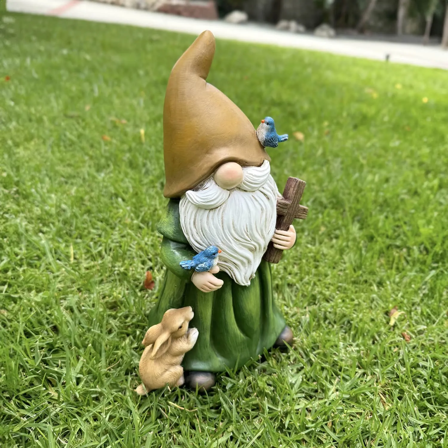Garden Gnome Monk Statue with Cross and Woodland Creatures, 6 x 5 x 10.5 Inches